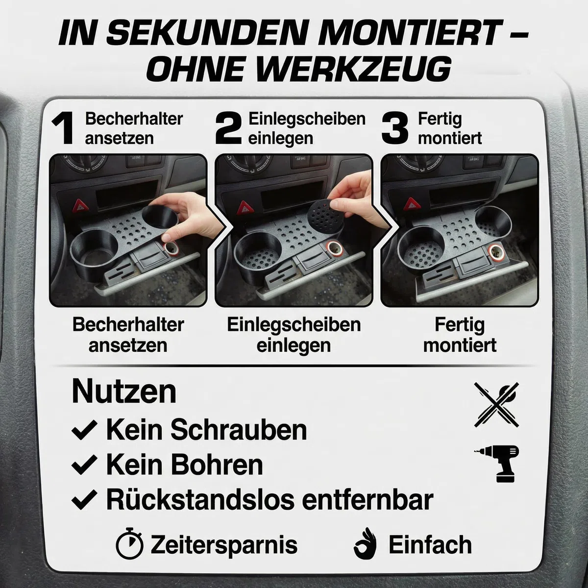 Becherhalter passend für VW T5 T5.1 Transporter für Mittelkonsole - Getränkehalter Volkswagen T5 Schwarz