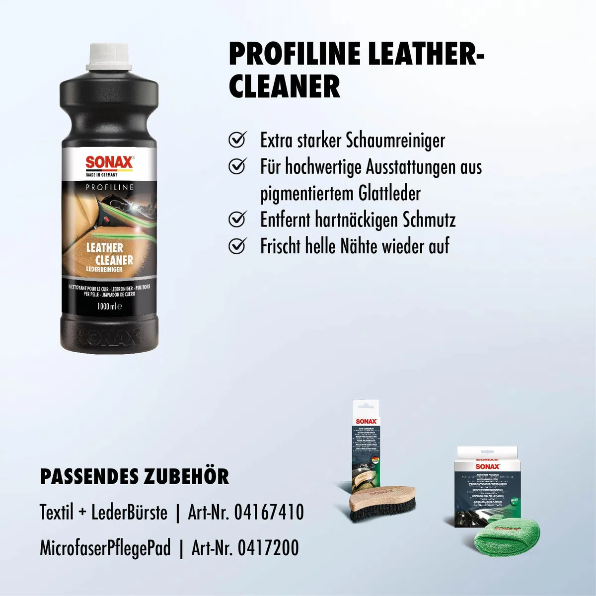 SONAX PROFILINE LeatherCleaner (1 Liter) extra starker Schaumreiniger für hochwertige Lederausstattungen aus pigmentiertem Glattleder | Art-Nr. 02703000