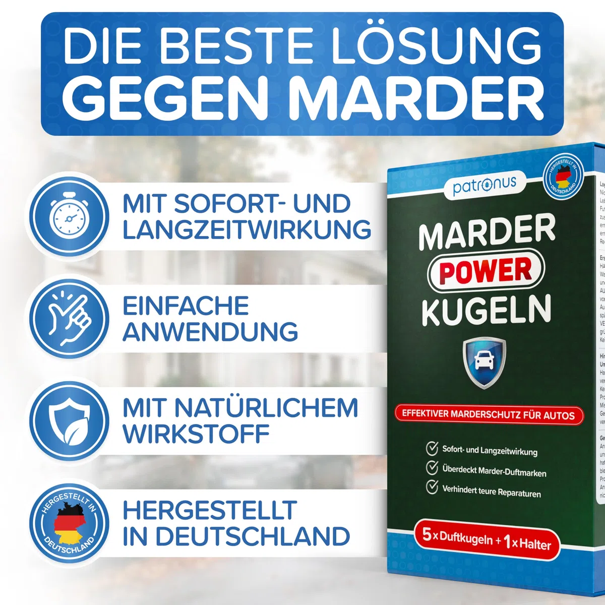 Marder Power Kugeln [5 Stück] für maximale Marderabwehr Auto - 6 Monate Marderschutz für Auto - effektive Marderschreck-Kugeln inkl. PKW-Halterung