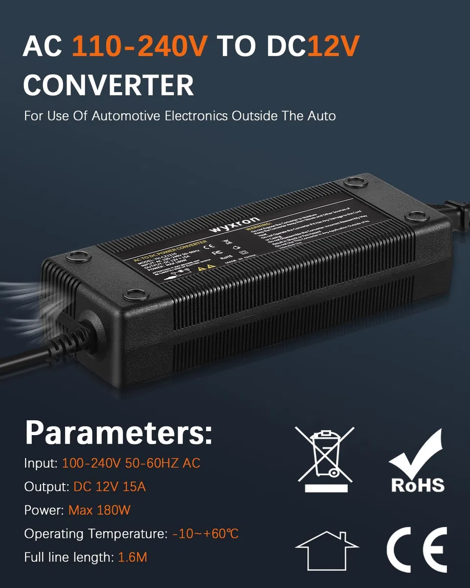 Spannungswandler 230v auf 12v, Kfz Netzadapter 12V 15A Netzteil 180W Max Wechselrichter Adapter Zigarettenanzünder Steckdose, für Kühlbox/Autoausrüstung
