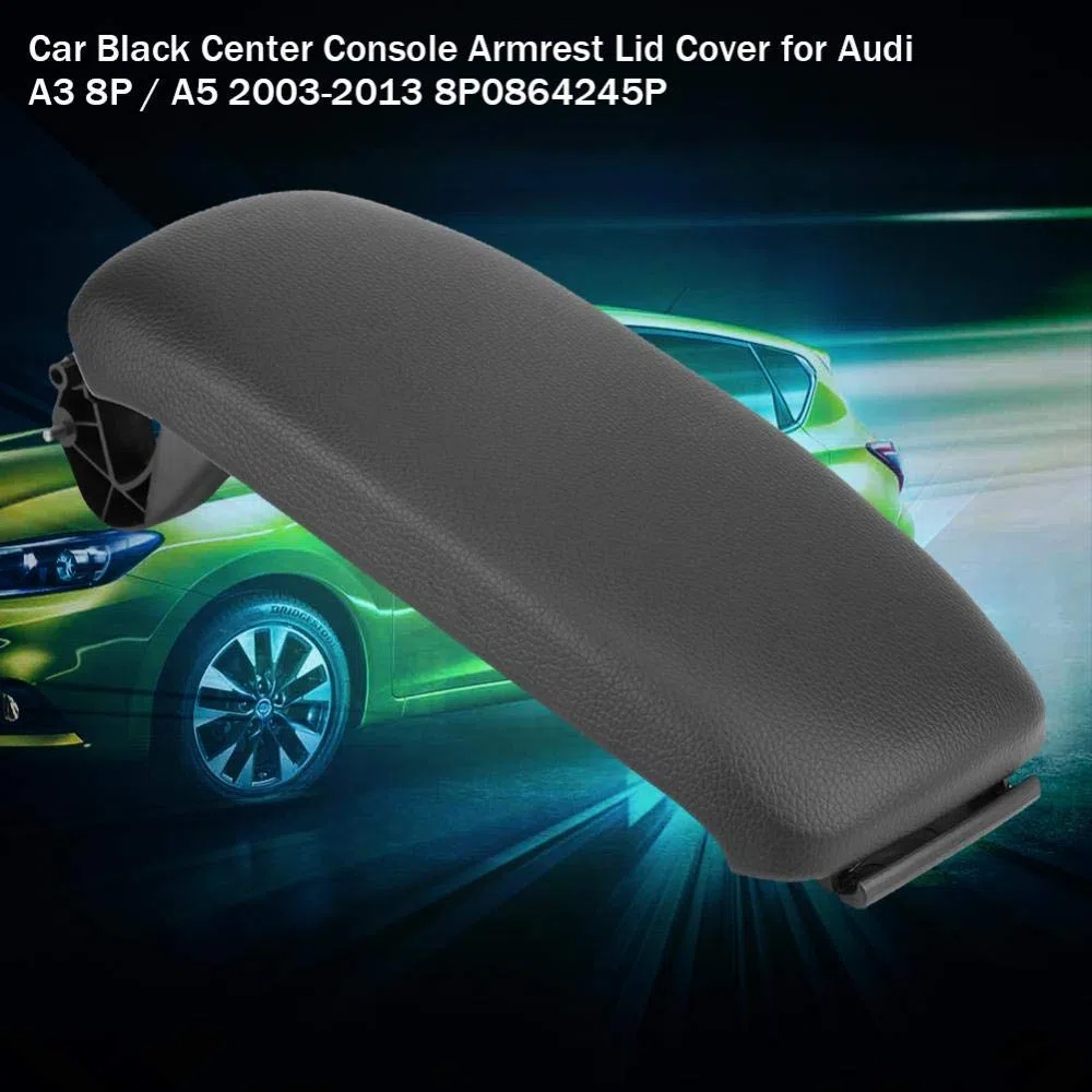 Auto Schwarz Leder/Stoff Naht Konsole Armlehne Deckel, Car Center Console Cover für A3 8P / 2003-2013 8P0864245P. (Schwarz)(Leder)