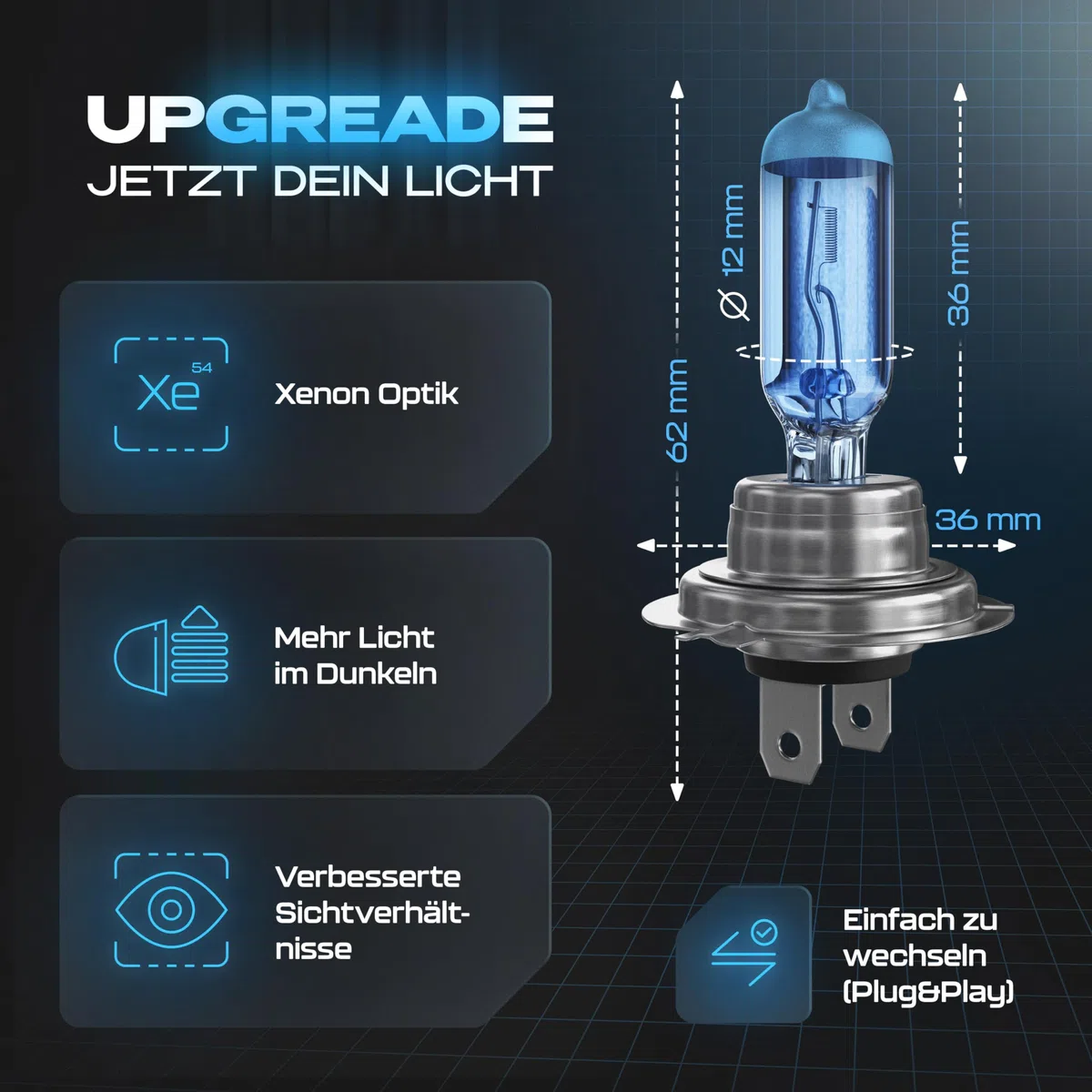 Gread - 2x H7 Halogen Lampen - super-white - 8500k 55W E-Prüfzeichen - Xenon Optik