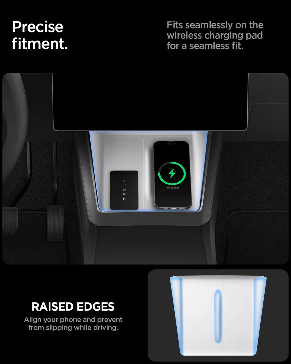 Spigen Tesla Model Y Juniper (Nur Premium & Performance) Mittelkonsole Organizer Abdeckung für Ladepad [Ultradünnes 0,8mm Design] Silikonabdeckung für Model Y Juniper 2025 2026 Zubehör - Weiß