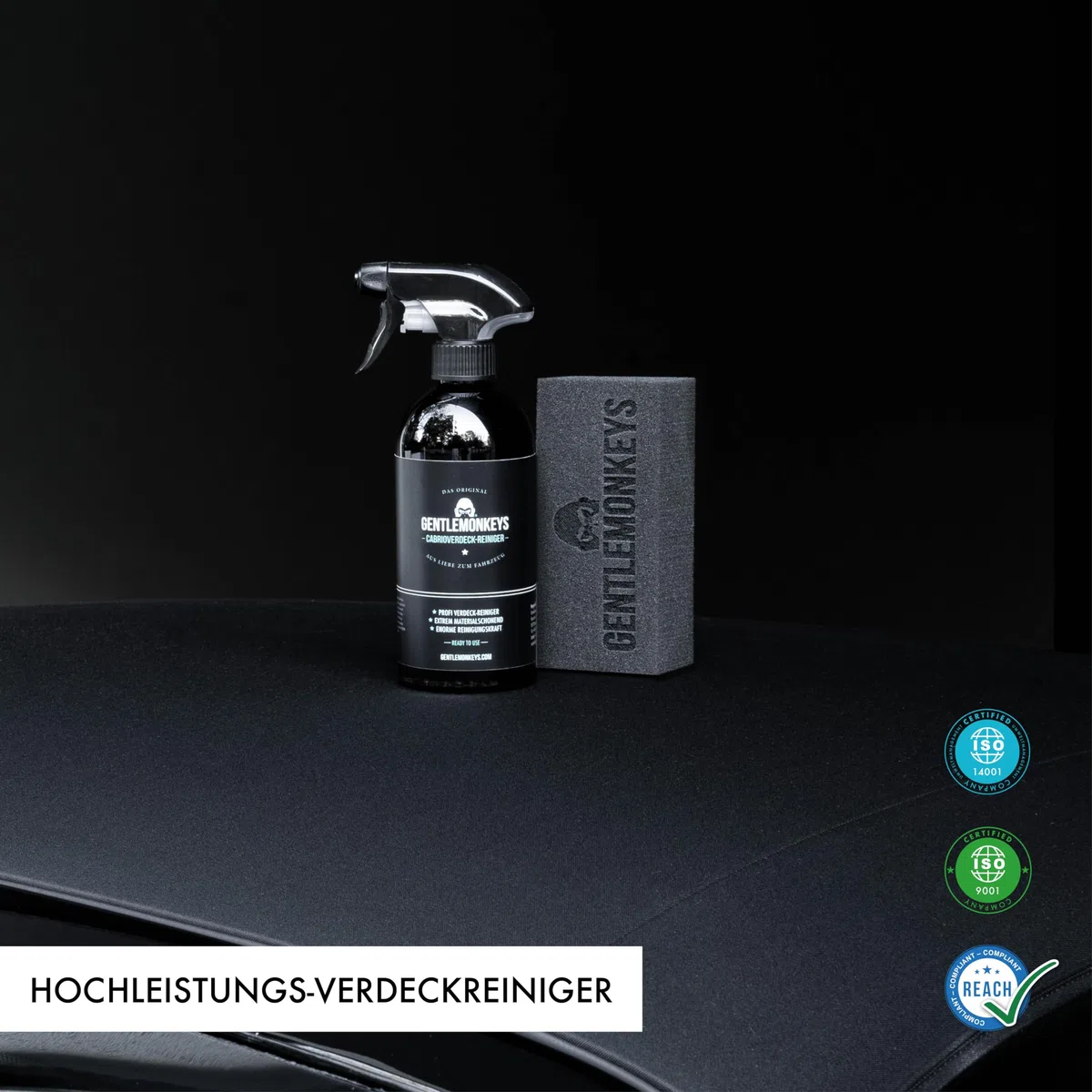 GENTLEMONKEYS Profi Cabrio Verdeckreiniger Set Auto (500ml + Applikationsschwamm) • Spezialreiniger Cabrio Verdecke & Markisen • Entfernt hartnäckigste Verschmutzungen • Biologisch abbaubar