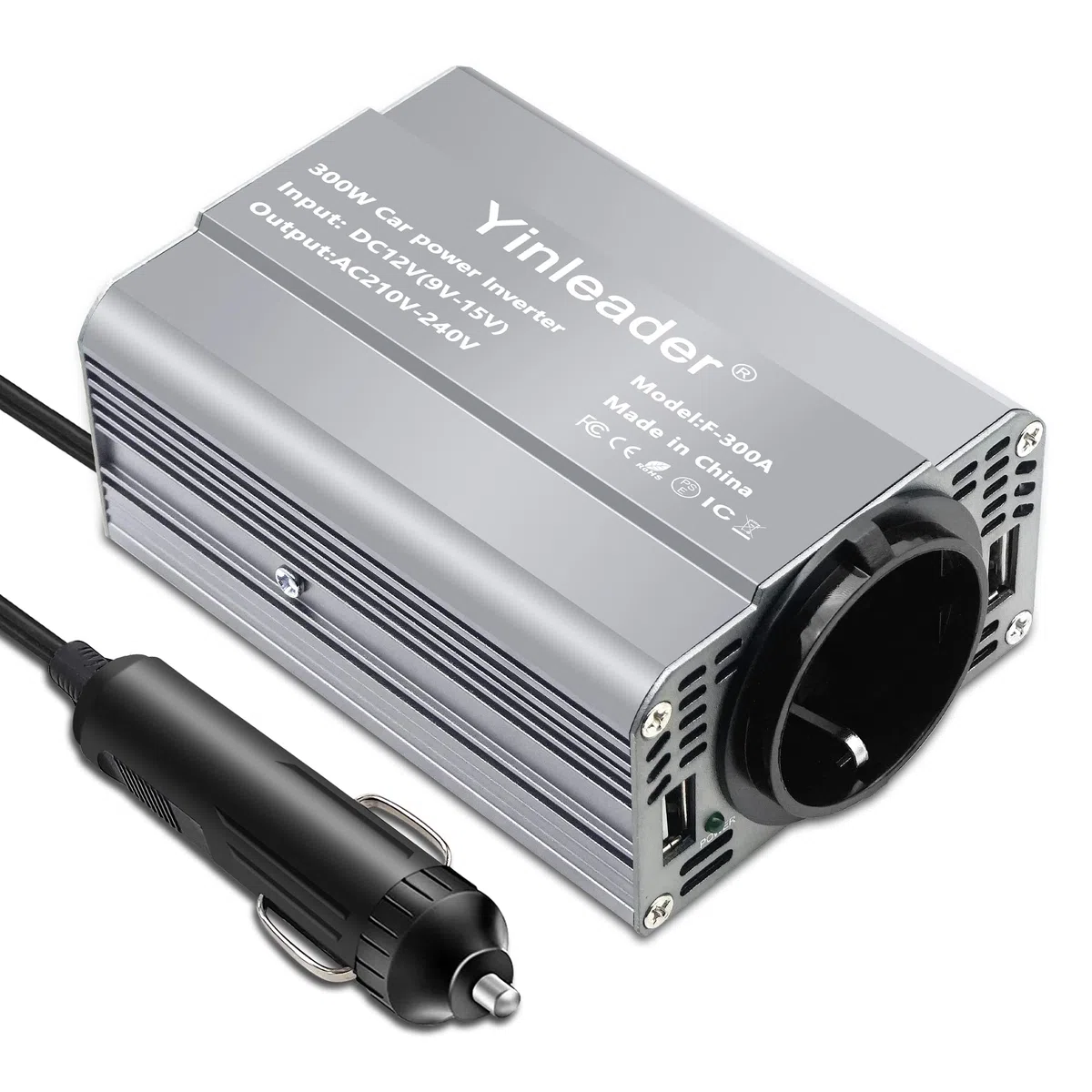 Yinleader 300W Wechselrichter 12V auf 230V Spannungswandler Auto Inverter mit EU Steckdose und Dual USB Ports, KFZ Stromwandler für Zigarettenanzünder - Ladegerät für Laptop, Tablet, Smartphone