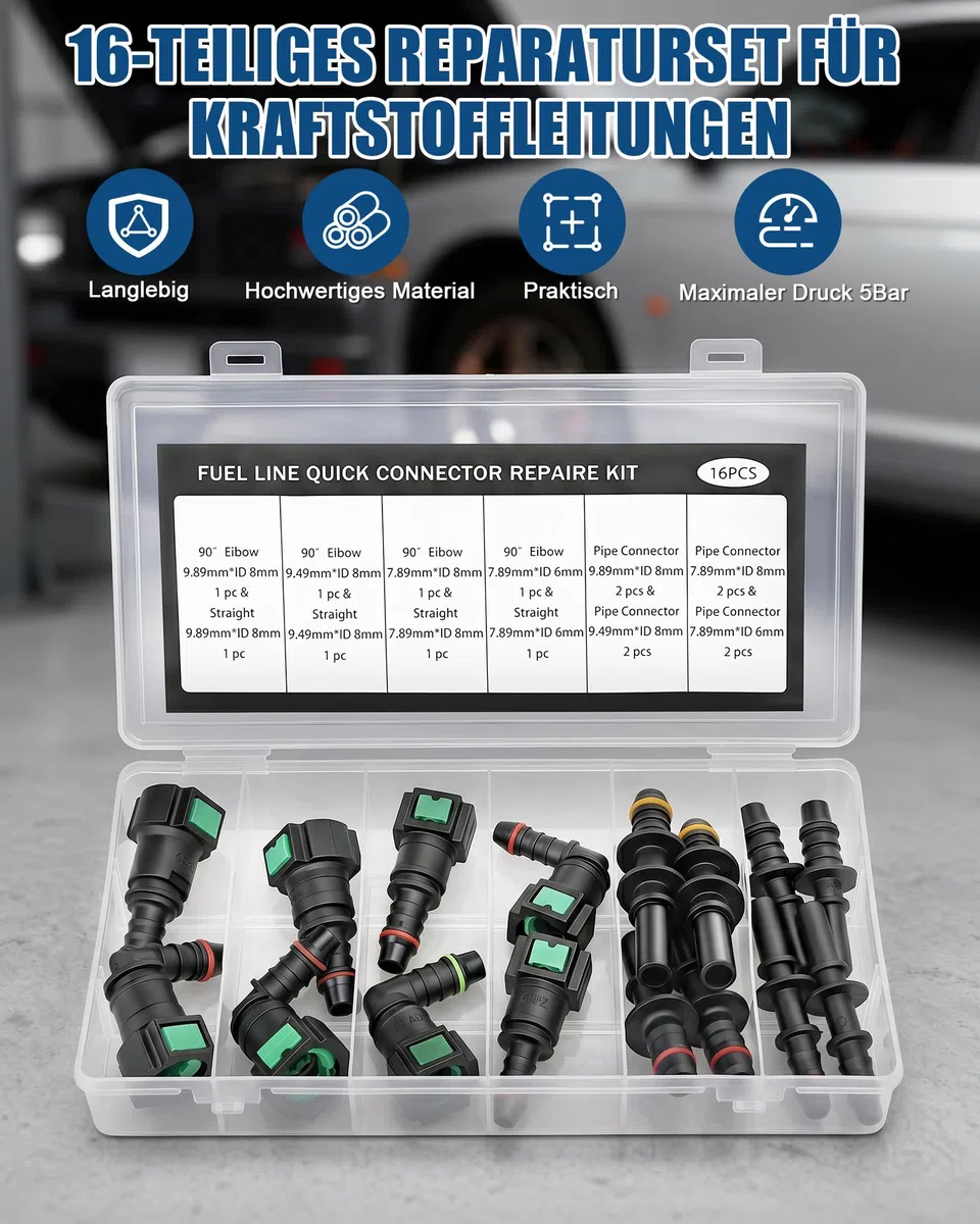 16 Teilig Schnellverschluss Benzinschlauch Set Kraftstoffleitung SAE 9,89x8 mm 9,49x8 mm 7,89x8 mm 7,89x6 mm Nylon Schnellverbinder Gerade Winkel Steckkupplung für Auto Motorrad Boot