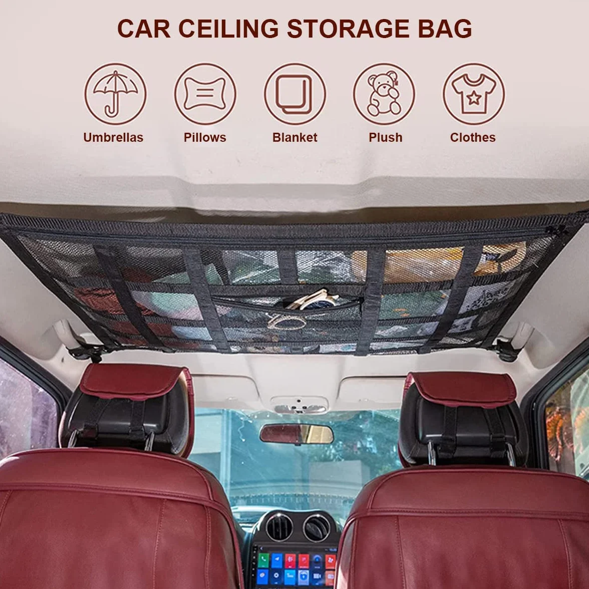 Gepäcknetz Auto für Aufbewahrung, Auto Gepäcknetz, Universal Autodach Gepäcknetz Decke, Netztasche mit Reißverschluss, 90X65CM