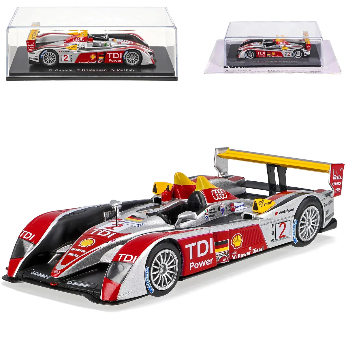 Generisch A*U*D*I R10 TDI Gewinner Le Mans 2008 Kristensen Capello Mc Nish mit Sockel und Vitrine 1/43 Spark Modell Auto