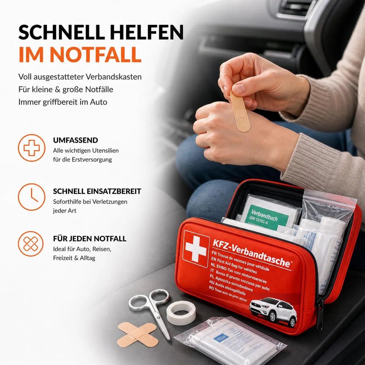 3 in 1 Set Auto Erste Hilfe Kit 2026 - KFZ Verbandskasten, Warnweste & Warndreieck - Pannenset & Unfallzubehör für PKW nach aktueller Norm