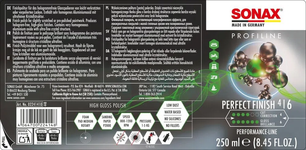 SONAX PROFILINE PerfectFinish (250 ml) Finishpolitur zum 1-stufigen Polieren von lokal ausgeschliffenen Lackschäden wie Staubeinschlüssen oder Läufern | Art-Nr. 02241410