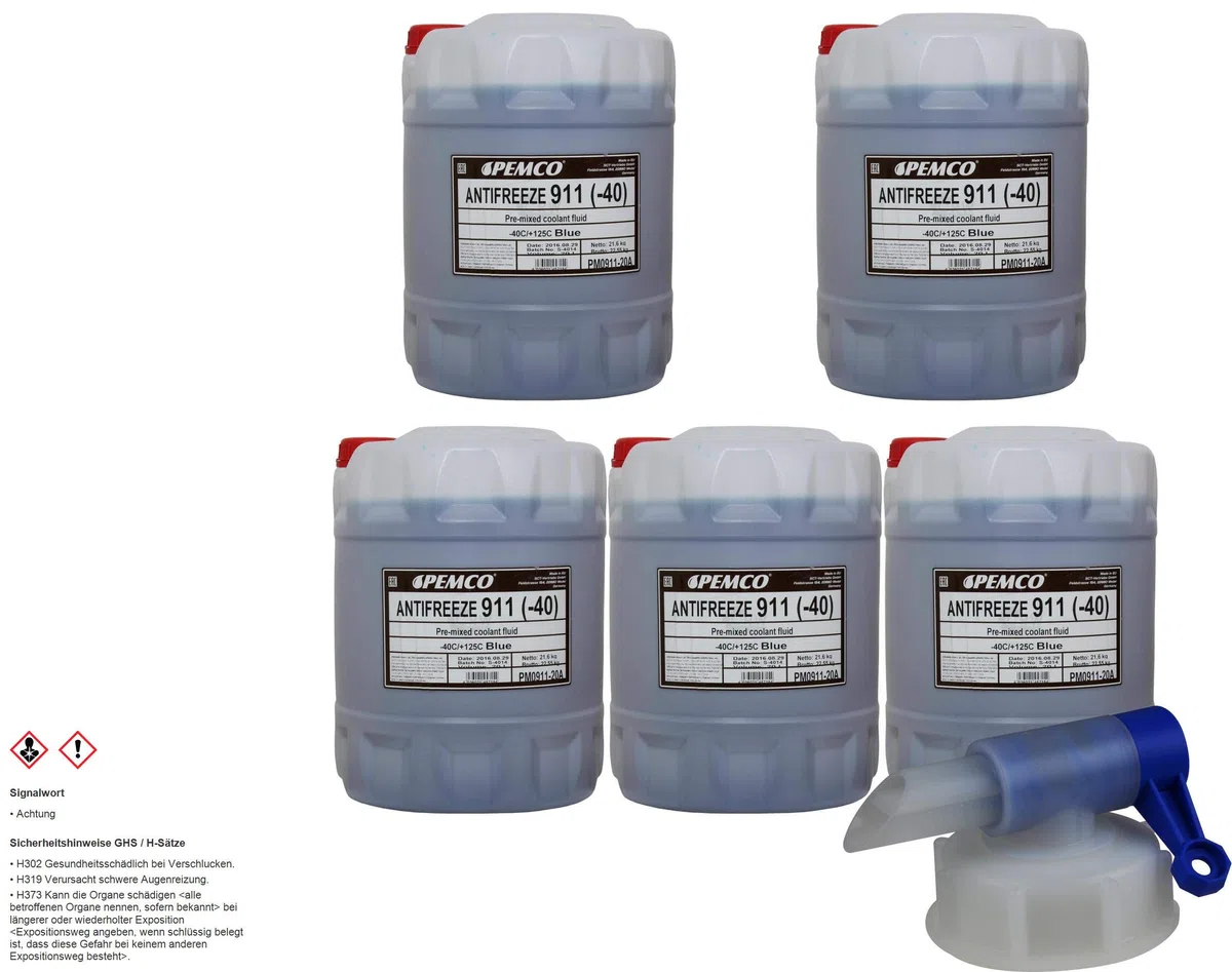5x 20 L PEMCO Antifreeze 911 Kühlerfrostschutz blau Fertiggemisch + Auslaufhahn Typ G11