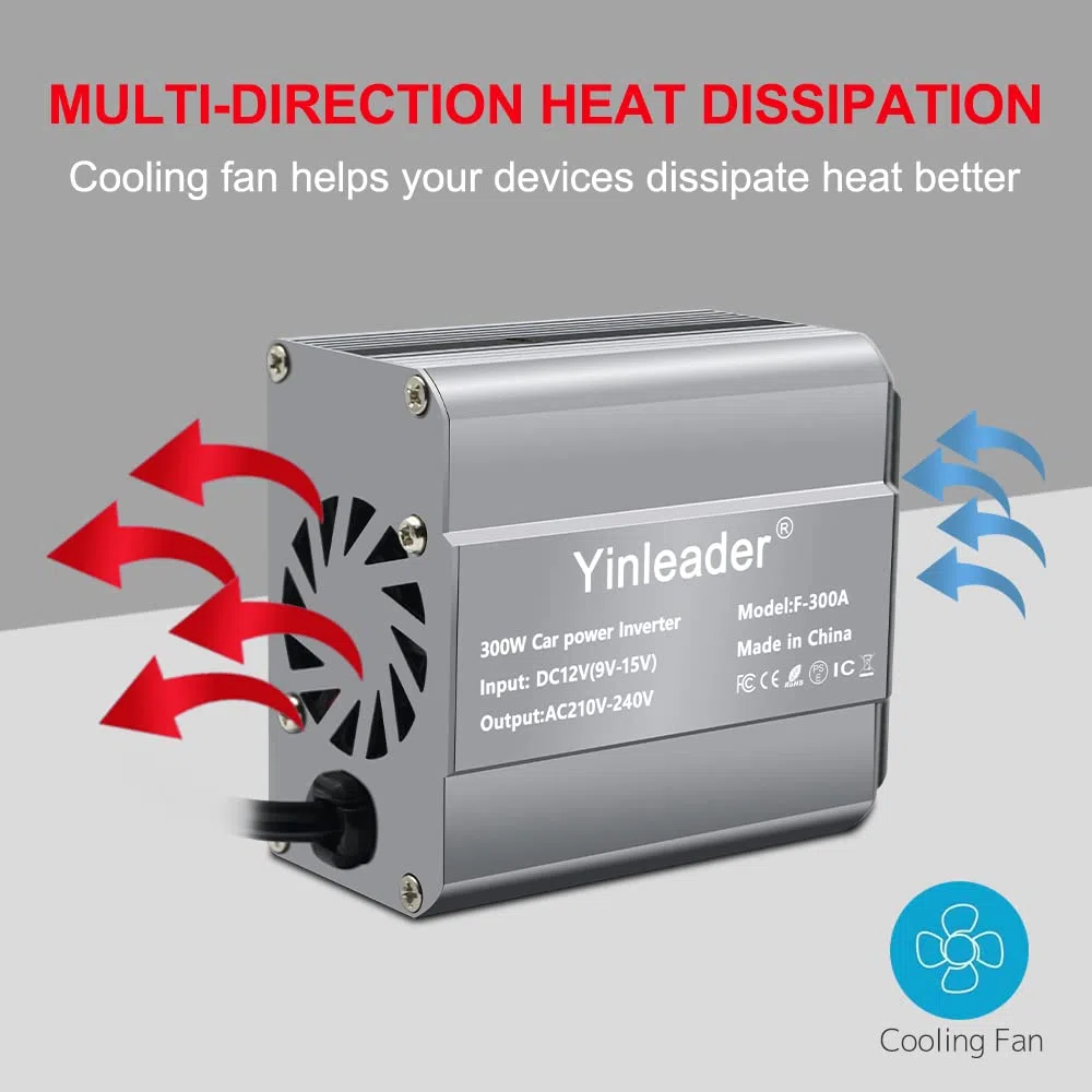 Yinleader 300W Wechselrichter 12V auf 230V Spannungswandler Auto Inverter mit EU Steckdose und Dual USB Ports, KFZ Stromwandler für Zigarettenanzünder - Ladegerät für Laptop, Tablet, Smartphone