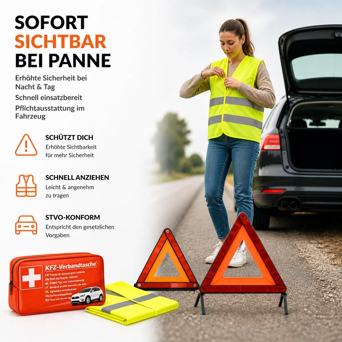 3 in 1 Set Auto Erste Hilfe Kit 2026 - KFZ Verbandskasten, Warnweste & Warndreieck - Pannenset & Unfallzubehör für PKW nach aktueller Norm