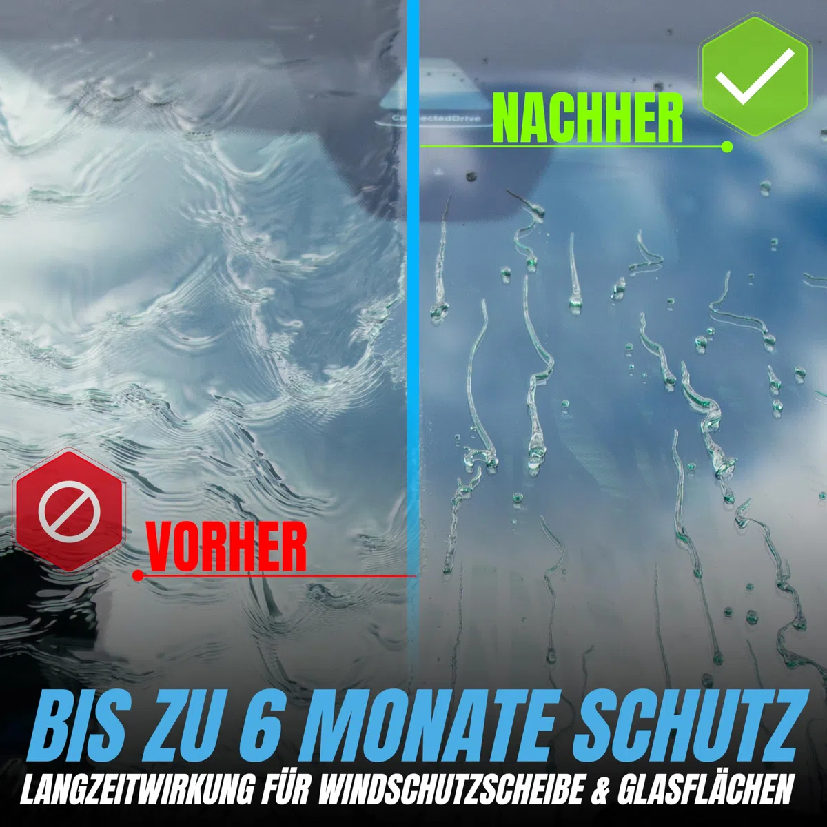 ShinyChiefs RAIN AMOR Set - Autoscheiben-Versiegelung mit hydrophobem Schutz - Lässt Regen und Schnee abperlen - Langer Halt, Glasversiegelung bis zu 2 Monate, 50ml, Microfasertuch & Applikatorpad