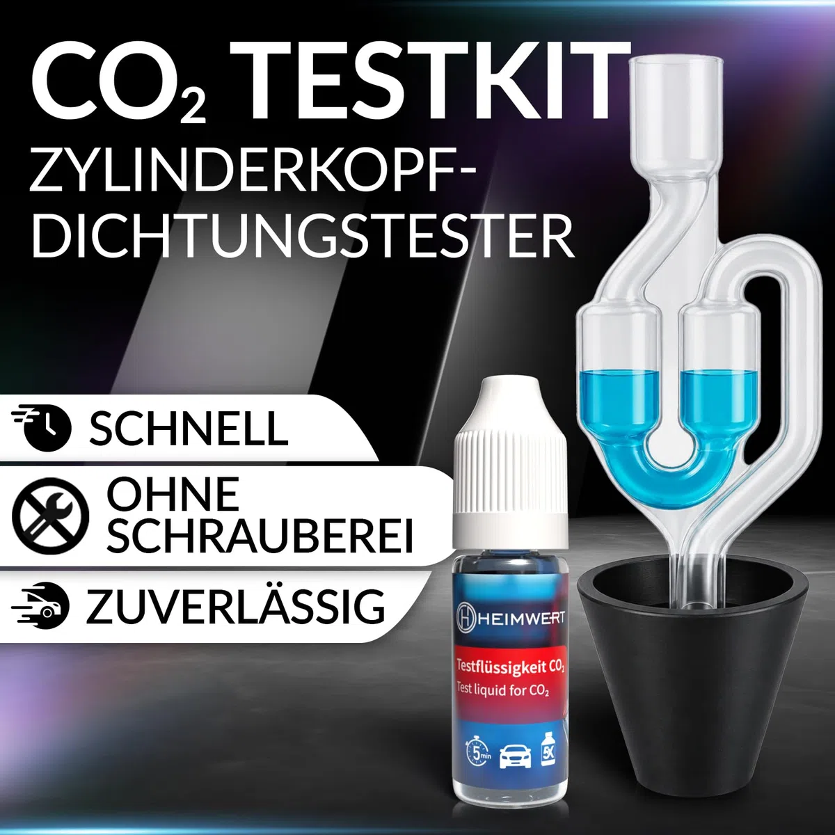 Heimwert Zylinderkopfdichtung Tester ohne Herumschrauberei - extrem günstiger und zuverlässiger Kühlmittel Dichtheitstest per Farbwechsel - co2 Tester Kühlwasser u Zylinderkopf KFZ u Motorrad (10 ml)