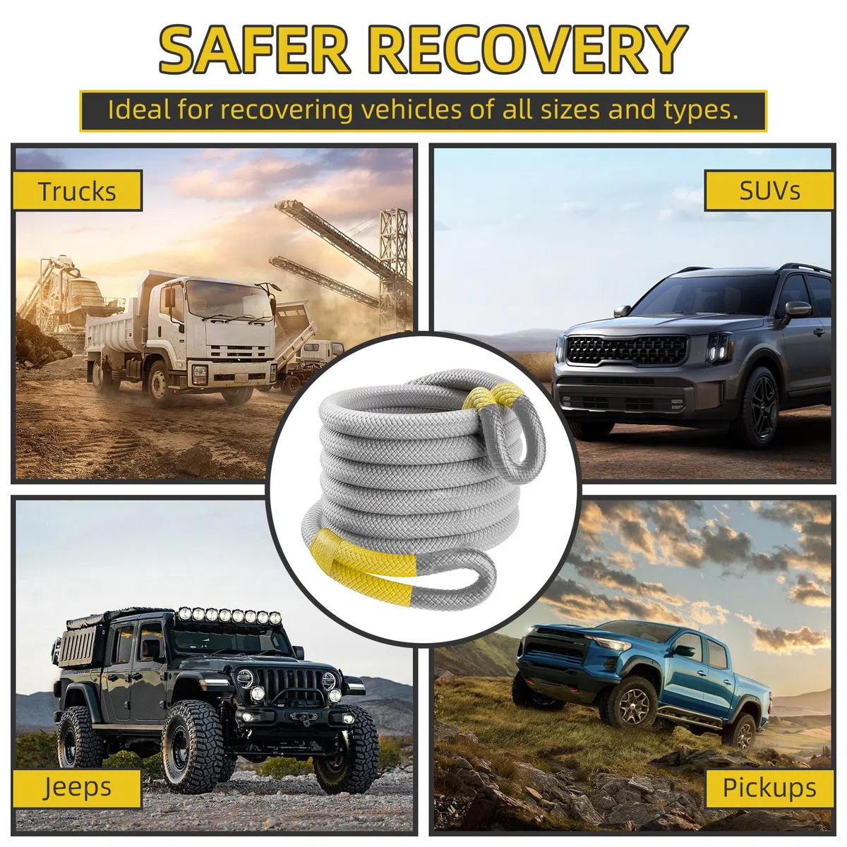 Kinetic Recovery Abschleppseil (22 kg) mit 2 weichen Schäkeln (25,4 kg), robustes Offroad-Abschleppgurt-Set für SUV, UTV, ATV, LKW, Jeep, Geländewagen, Bergung, 2,5 cm x 9,2 m