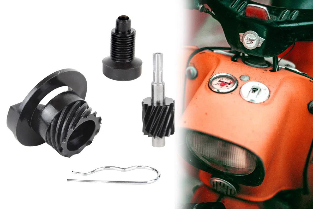 Tachoantrieb mit Lagerstück, Schraubenrad, Schraubenritzel + Feder für Simson S51, S70, SR50, SR80, KR51/2, Tachometerantrieb 4-teilig