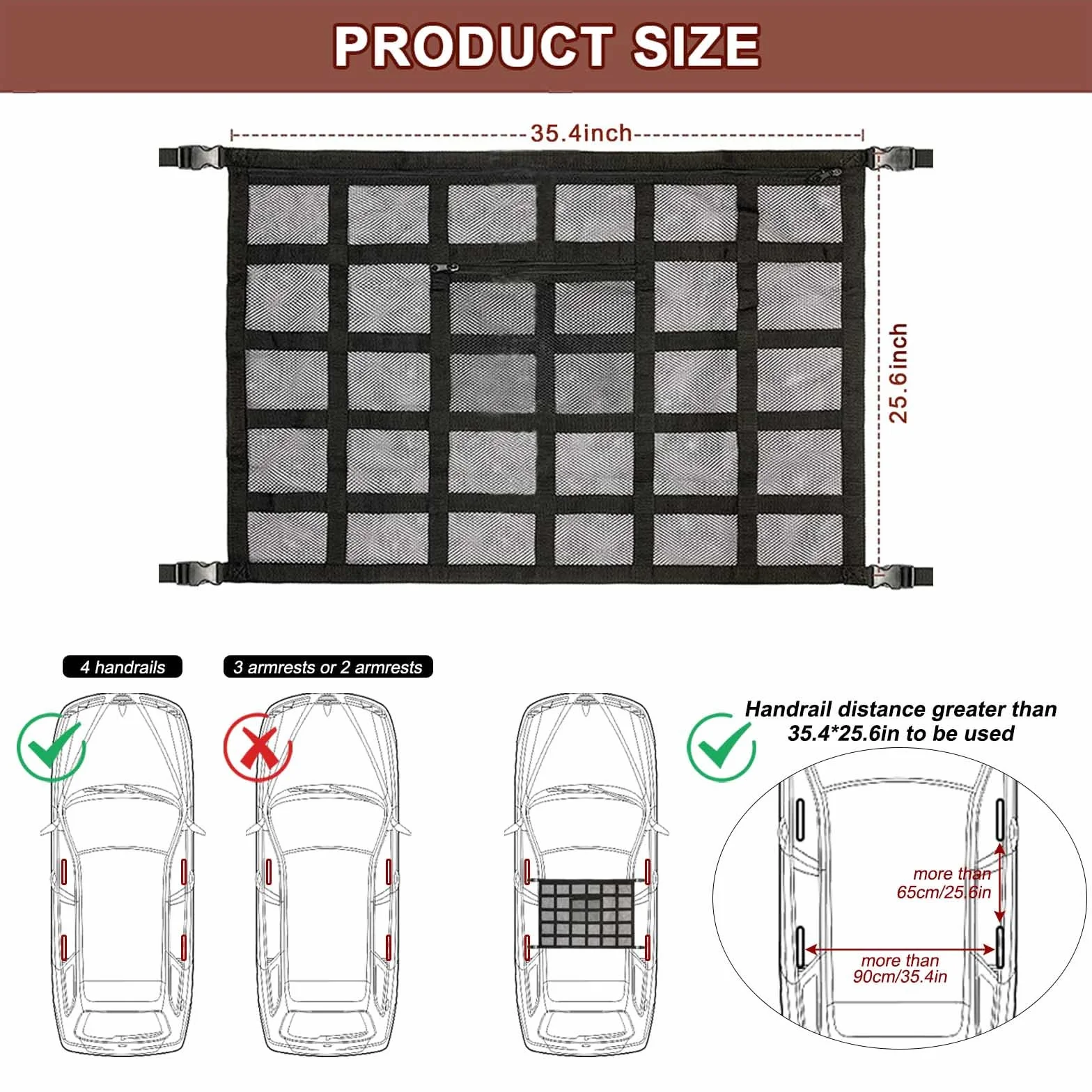 Gepäcknetz Auto für Aufbewahrung, Auto Gepäcknetz, Universal Autodach Gepäcknetz Decke, Netztasche mit Reißverschluss, 90X65CM
