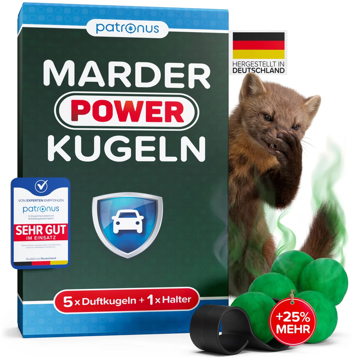 Marder Power Kugeln [5 Stück] für maximale Marderabwehr Auto - 6 Monate Marderschutz für Auto - effektive Marderschreck-Kugeln inkl. PKW-Halterung
