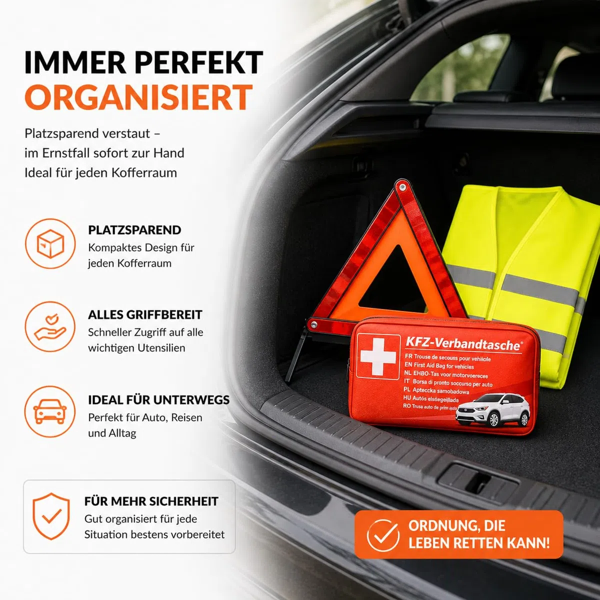 3 in 1 Set Auto Erste Hilfe Kit 2026 - KFZ Verbandskasten, Warnweste & Warndreieck - Pannenset & Unfallzubehör für PKW nach aktueller Norm