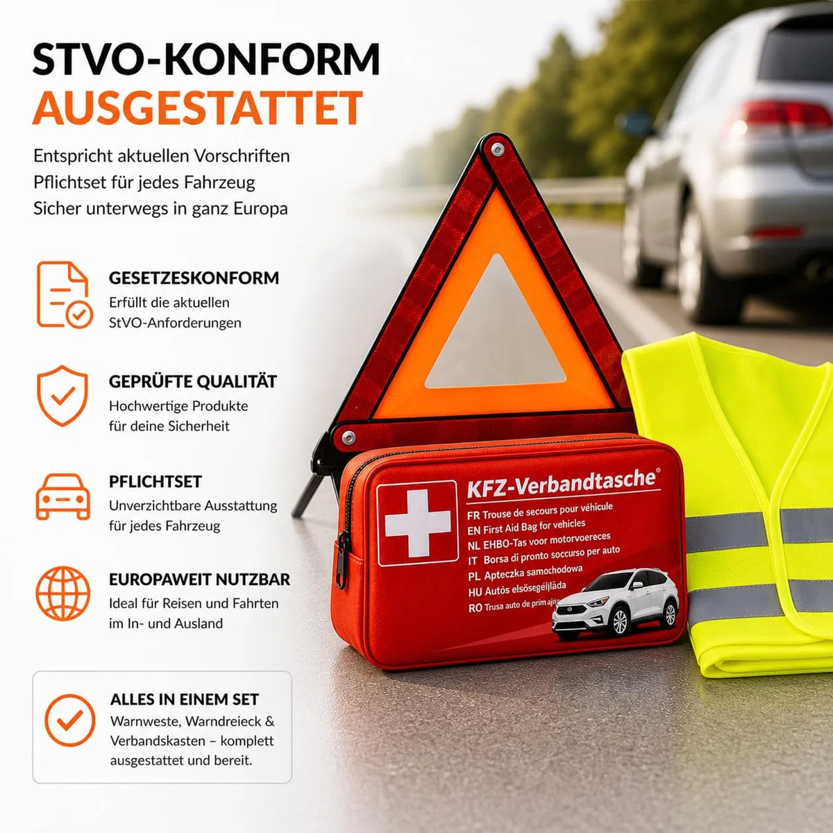 3 in 1 Set Auto Erste Hilfe Kit 2026 - KFZ Verbandskasten, Warnweste & Warndreieck - Pannenset & Unfallzubehör für PKW nach aktueller Norm
