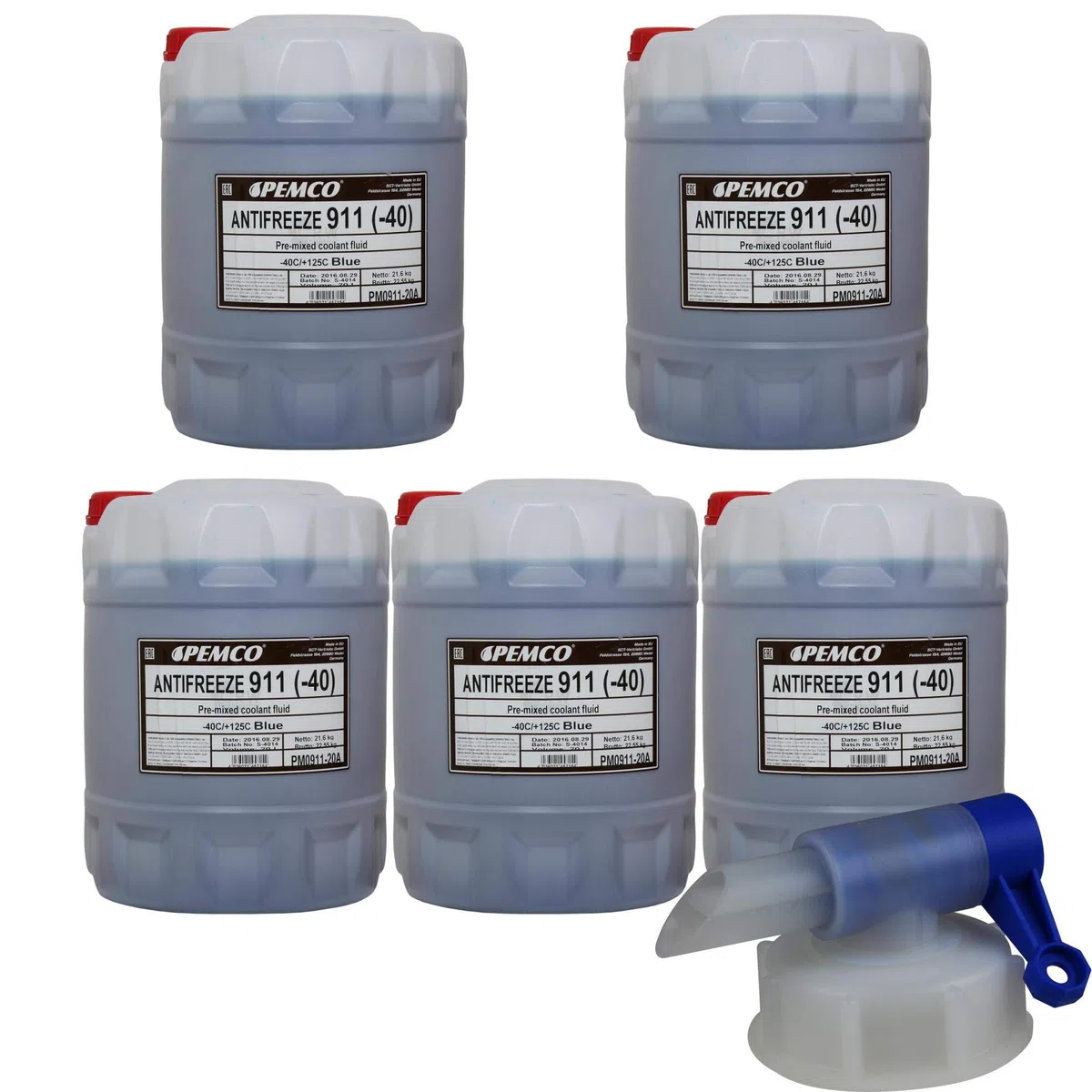 5x 20 L PEMCO Antifreeze 911 Kühlerfrostschutz blau Fertiggemisch + Auslaufhahn Typ G11