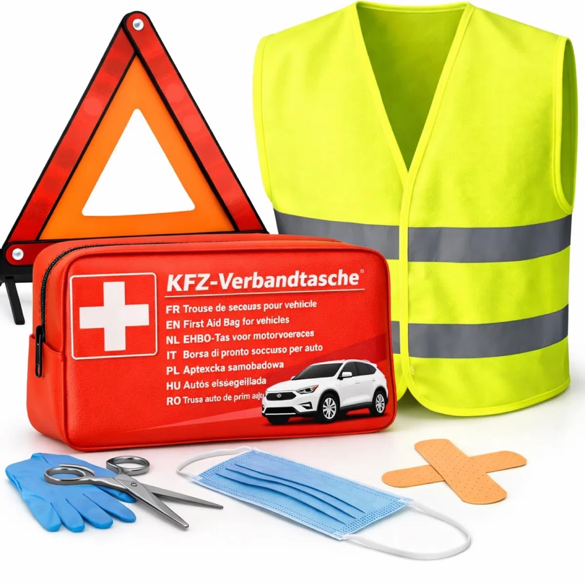 3 in 1 Set Auto Erste Hilfe Kit 2026 - KFZ Verbandskasten, Warnweste & Warndreieck - Pannenset & Unfallzubehör für PKW nach aktueller Norm