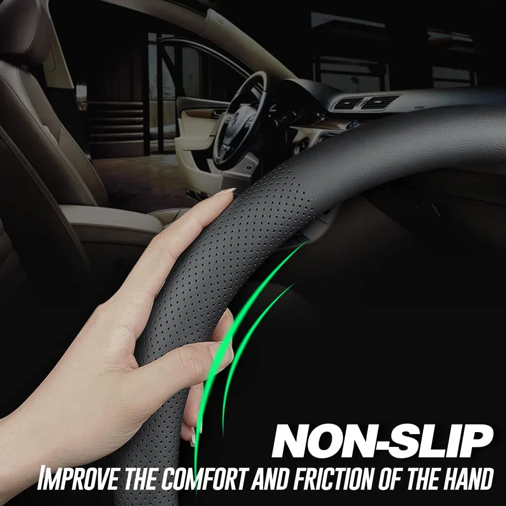 Carodi Neustes Nappaleder Auto Lenkradbezug, Mode Anti-Rutsch-Leder Auto Innenraum 15 Zoll (ca. 38cm) Universal (Schwarz)