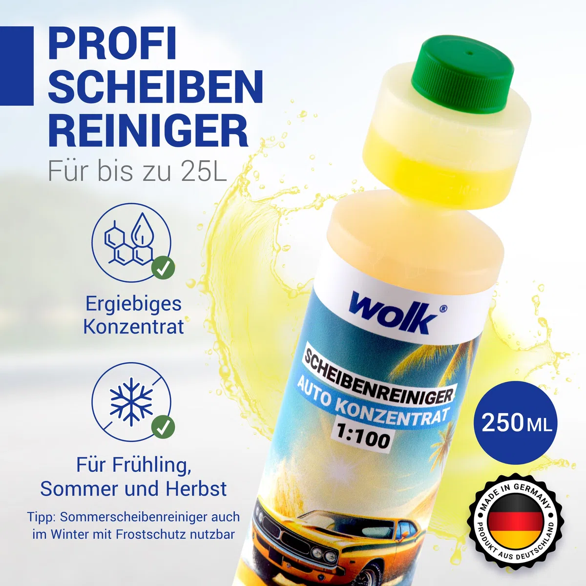 wolk 3x Scheibenreiniger Auto Konzentrat 1:100 - Scheibenwischwasser 250ml | Ergibt 75L Wischwasser Auto mit Lemon Duft, als Scheibenklar Sommer Reinigungsessenz für glasklare Sicht, Auto Gadgets