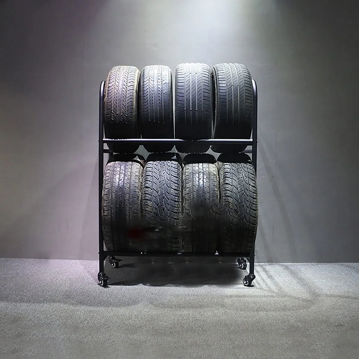 CMYUN Reifenregal 2-stöckiges Reifenregal aus Metall mit 4 Rädern, Rollender Reifenhalter der Hohen Beanspruchung, für Garage, Werkstatt, Hält 8 Reifen mit Felgen