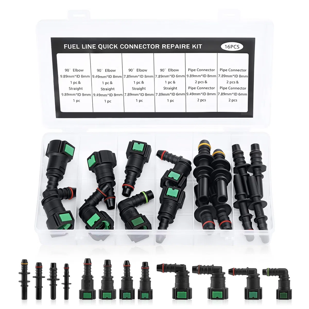 16 Teilig Schnellverschluss Benzinschlauch Set Kraftstoffleitung SAE 9,89x8 mm 9,49x8 mm 7,89x8 mm 7,89x6 mm Nylon Schnellverbinder Gerade Winkel Steckkupplung für Auto Motorrad Boot