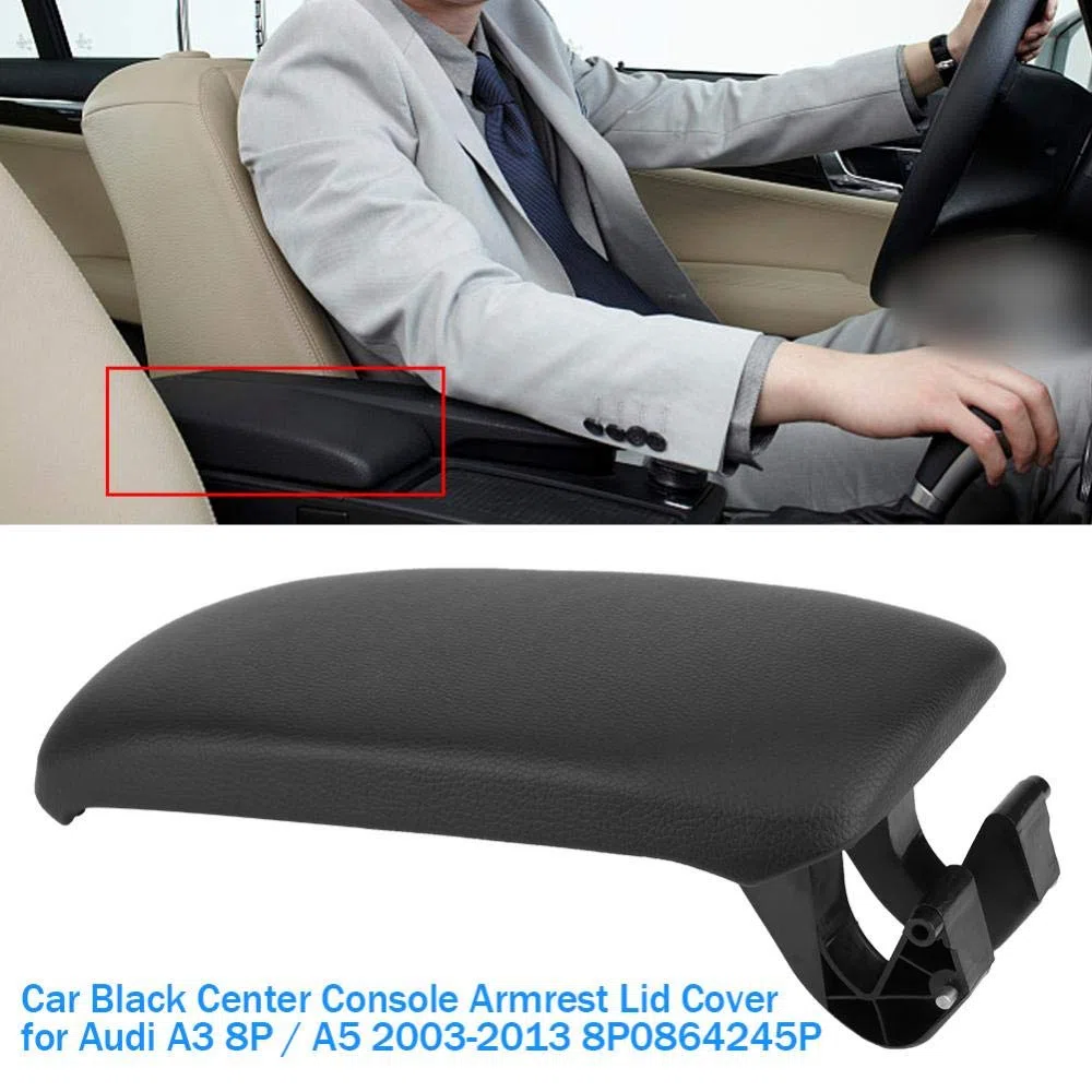 Auto Schwarz Leder/Stoff Naht Konsole Armlehne Deckel, Car Center Console Cover für A3 8P / 2003-2013 8P0864245P. (Schwarz)(Leder)