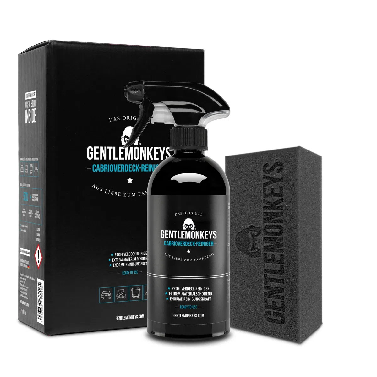 GENTLEMONKEYS Profi Cabrio Verdeckreiniger Set Auto (500ml + Applikationsschwamm) • Spezialreiniger Cabrio Verdecke & Markisen • Entfernt hartnäckigste Verschmutzungen • Biologisch abbaubar