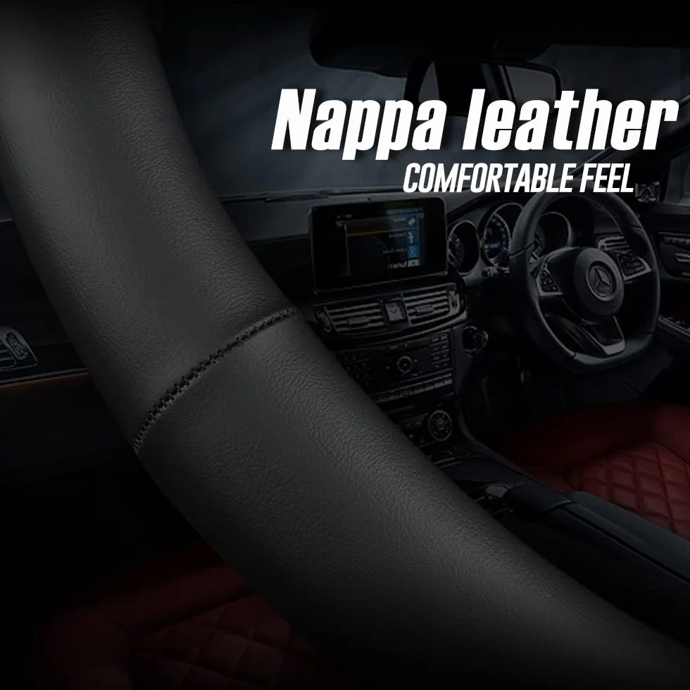 Carodi Neustes Nappaleder Auto Lenkradbezug, Mode Anti-Rutsch-Leder Auto Innenraum 15 Zoll (ca. 38cm) Universal (Schwarz)