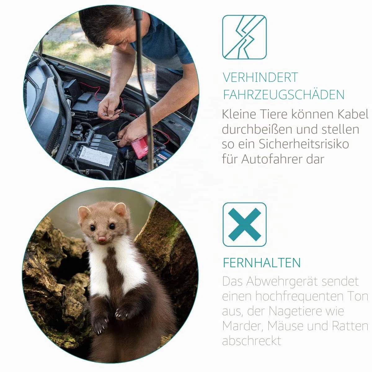 Navaris Marderschreck Auto - Leichter Einbau an Autobatterie - 12V KFZ Marderschutz Marder Abwehr - mit Kabelbinder - Ultraschall Marderscheuche