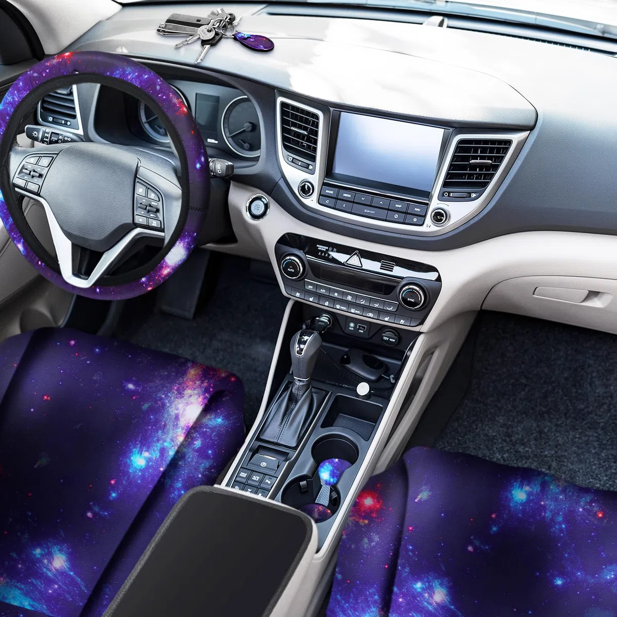 Frienda 15 Stück Galaxy-Autositzbezug Lenkradbezug Universal Stern Space Galaxy Auto Zubehör Separate Kopfstützenbezüge Sicherheitsgurtpolster passend für Auto LKW Van SUV