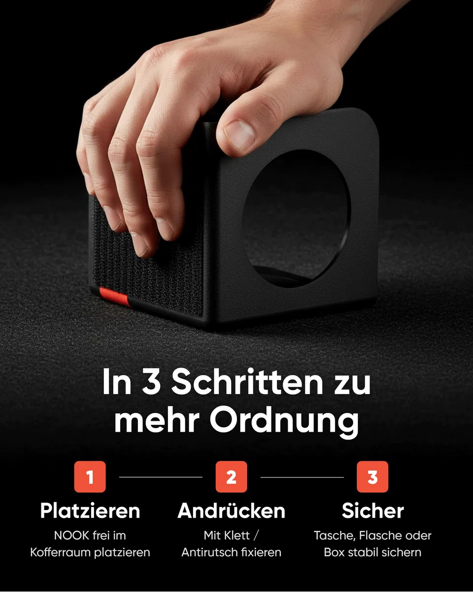 rati Nook 2x Kofferraum Organizer Klett & Antirutschpads [100% Recycelt] Gepäckfixierung Kofferraum - Designprämiert iF Award - Universal Auto Zubehör für Taschen Flaschen Boxen usw. - Schwarz