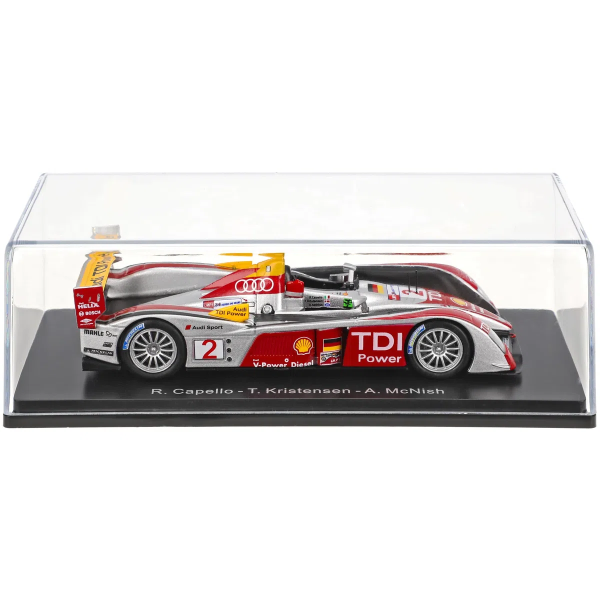 Generisch A*U*D*I R10 TDI Gewinner Le Mans 2008 Kristensen Capello Mc Nish mit Sockel und Vitrine 1/43 Spark Modell Auto