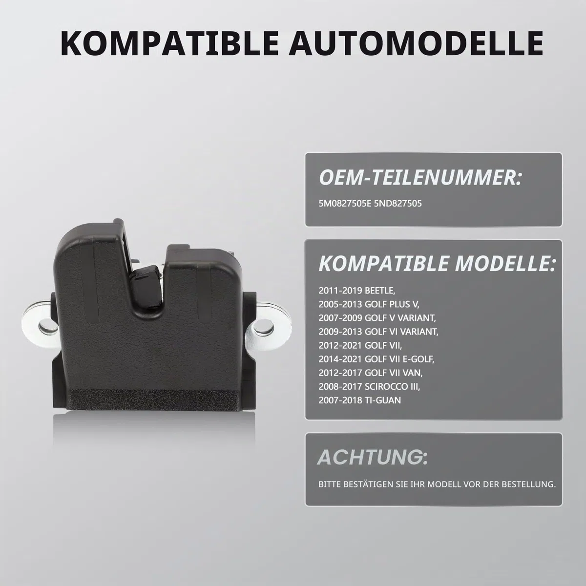 Heckklappenschloss Kofferraum Verriegelung Heckklappe Türschloss 5M0827505E für ALTEA LEON IBIZA TOLEDO GOLF MK5 MK6 TIGUAN 1K6827505E