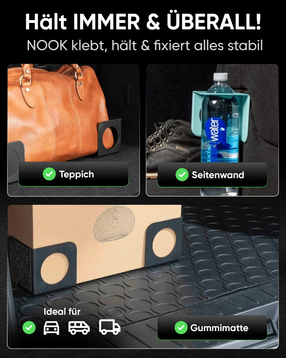 rati Nook 2x Kofferraum Organizer Klett & Antirutschpads [100% Recycelt] Gepäckfixierung Kofferraum - Designprämiert iF Award - Universal Auto Zubehör für Taschen Flaschen Boxen usw. - Schwarz