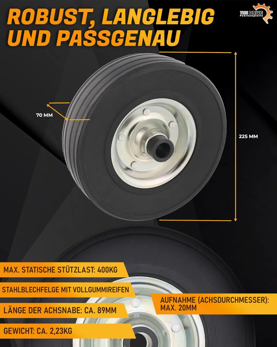 The Drive Ersatzrad 225x70mm für Anhänger Automatik-Stützrad Vollgummi auf Metallfelge passend für Winterhoff 5452 Rad 255 SB 115/033