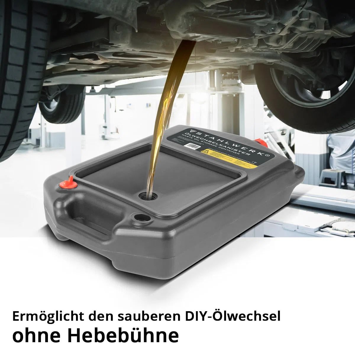 STAHLWERK Ölwechselkanister 10 L - Robuste Ölauffangwanne, mobil und flexibel einsetzbar, Ölwanne mit Auffanghilfe, 2-in-1 Funktion, Öl- und Treibstoffkanister für Auto, Motorrad und Werkstatt
