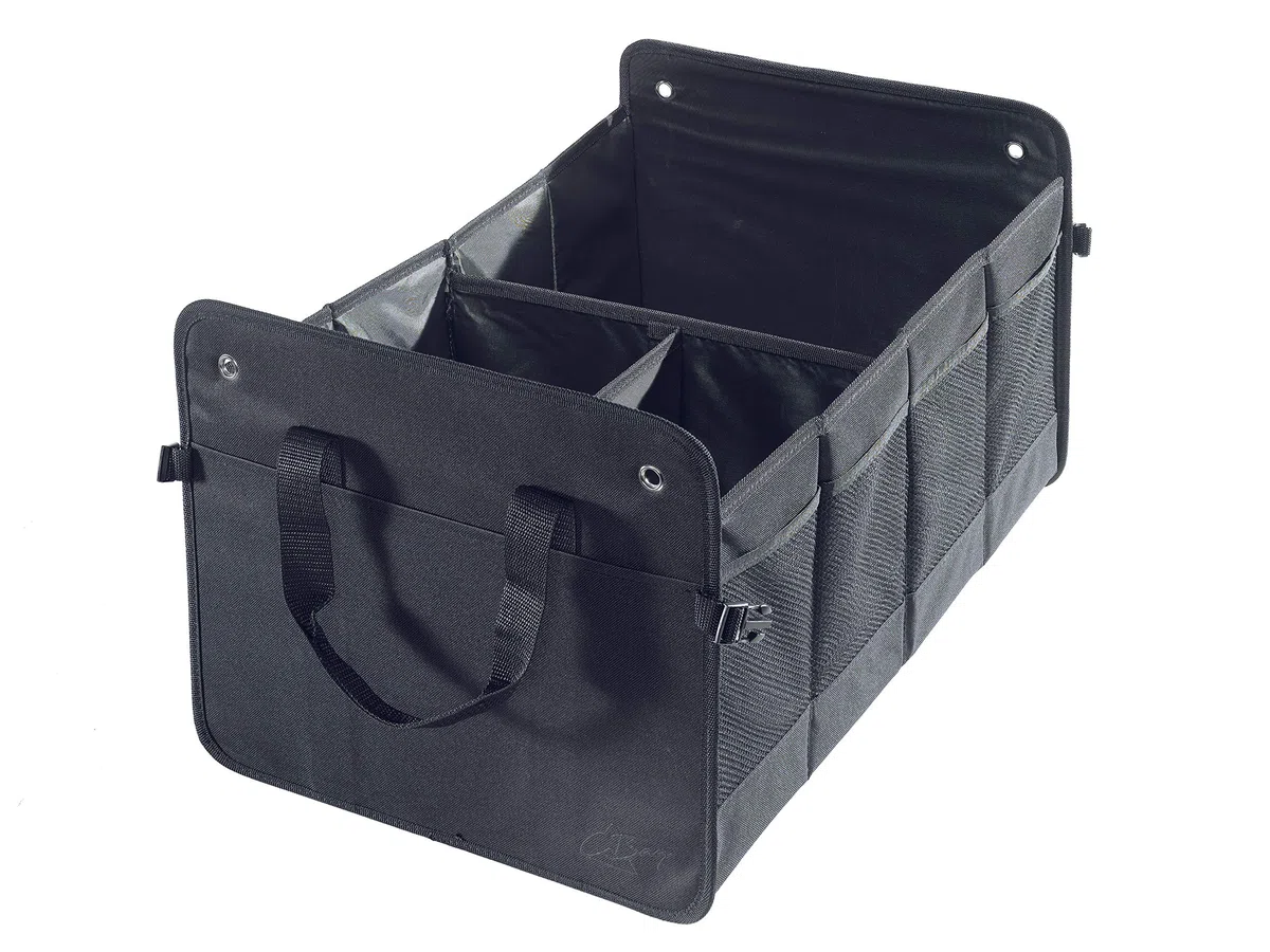 Kofferraumtasche groß aus Polyester mit stabilem Boden - Klappbox Kofferraumbox Faltbox Organizer Autobox Tasche Auto Kofferraum Zubehör (schwarz)