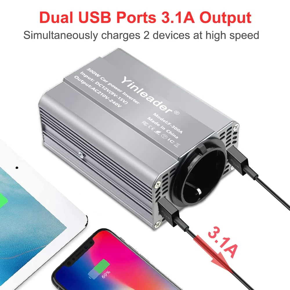 Yinleader 300W Wechselrichter 12V auf 230V Spannungswandler Auto Inverter mit EU Steckdose und Dual USB Ports, KFZ Stromwandler für Zigarettenanzünder - Ladegerät für Laptop, Tablet, Smartphone
