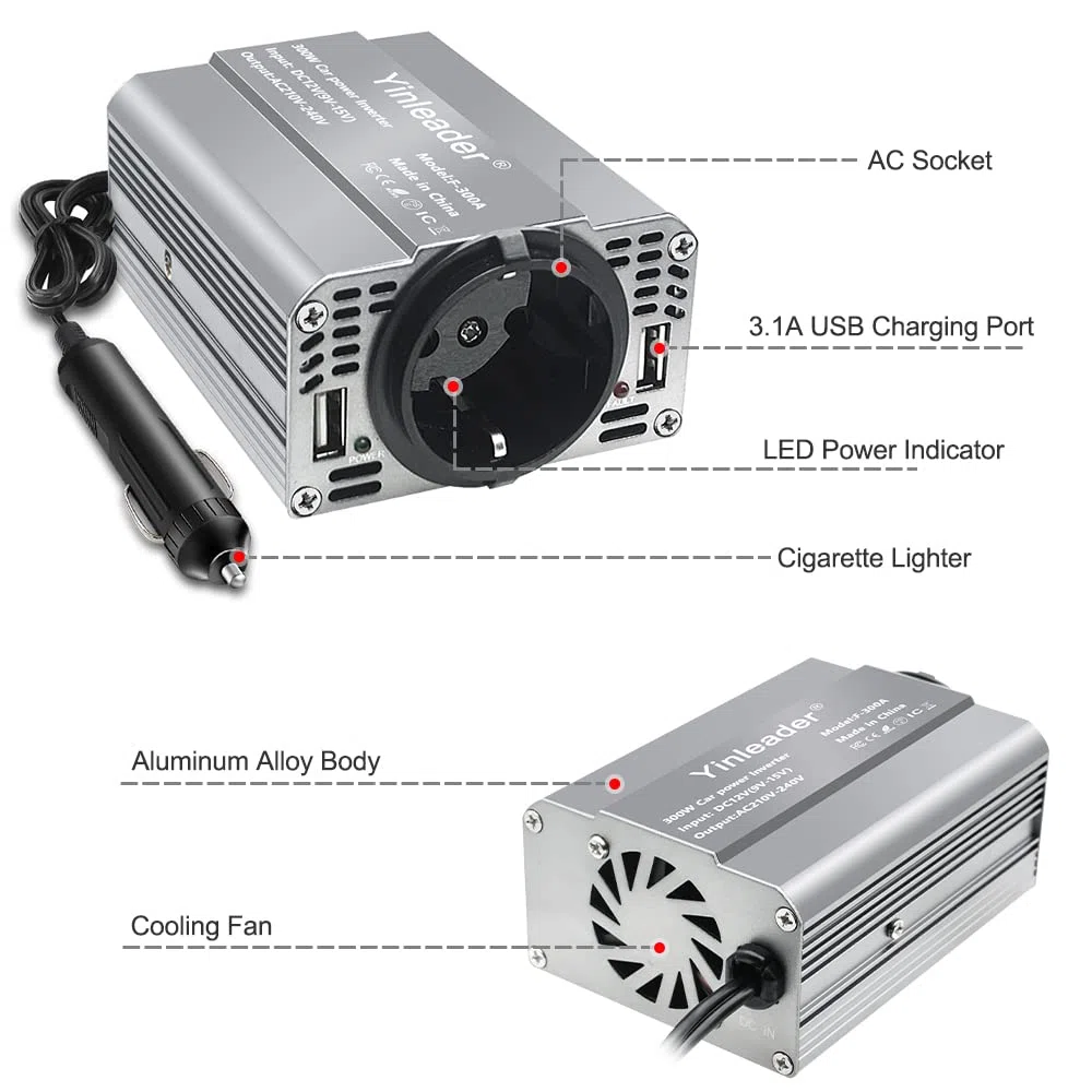 Yinleader 300W Wechselrichter 12V auf 230V Spannungswandler Auto Inverter mit EU Steckdose und Dual USB Ports, KFZ Stromwandler für Zigarettenanzünder - Ladegerät für Laptop, Tablet, Smartphone