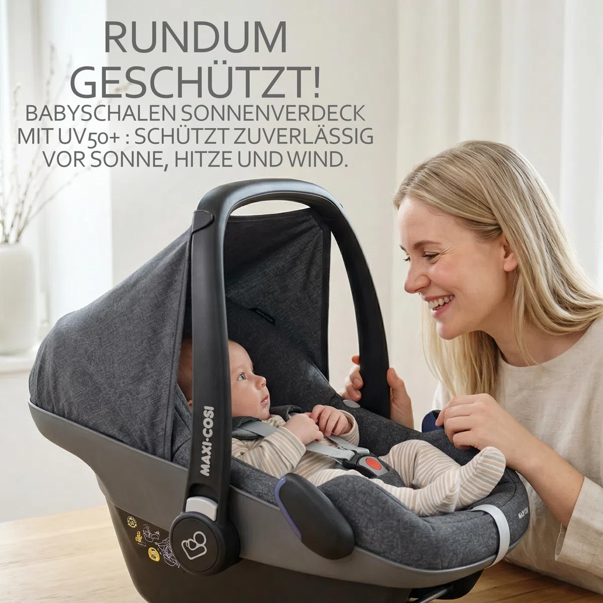 Sonnenverdeck Sonnendach Sonnenschutz für Babyschale kompatibel mit Maxi Cosi Pebble Gruppe 0+ meliert dunkelgrau