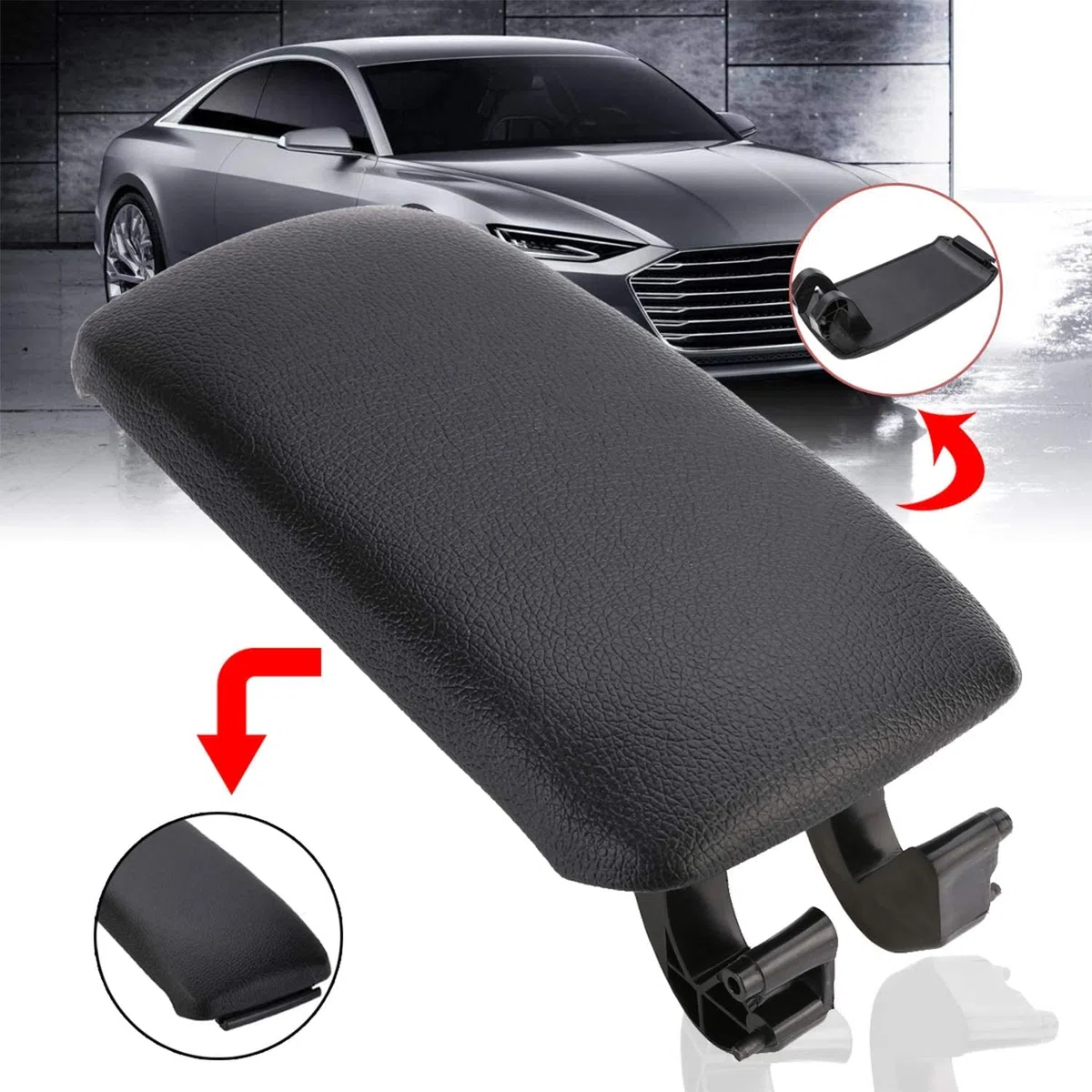 Auto Schwarz Leder/Stoff Naht Konsole Armlehne Deckel, Car Center Console Cover für A3 8P / 2003-2013 8P0864245P. (Schwarz)(Leder)