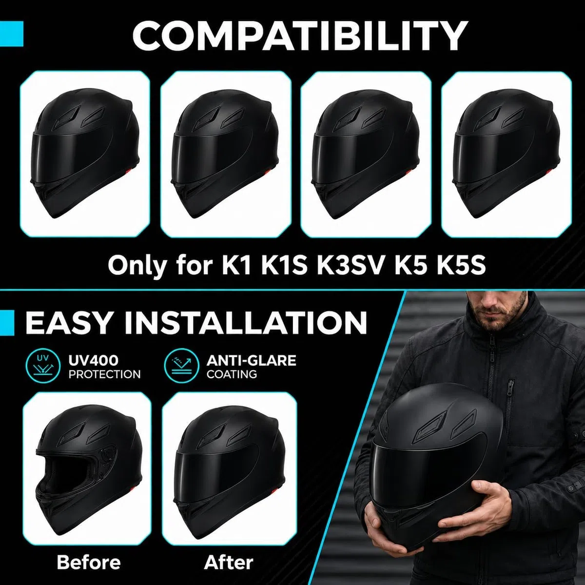 PSLER K1S Visier - K1 Helmvisier, K3SV getöntes Visier, K5 Gesichts-Schutzersatz für K1, K1S, K3SV, K5, Dunkelgrau-Rauchton (NOT for K3)