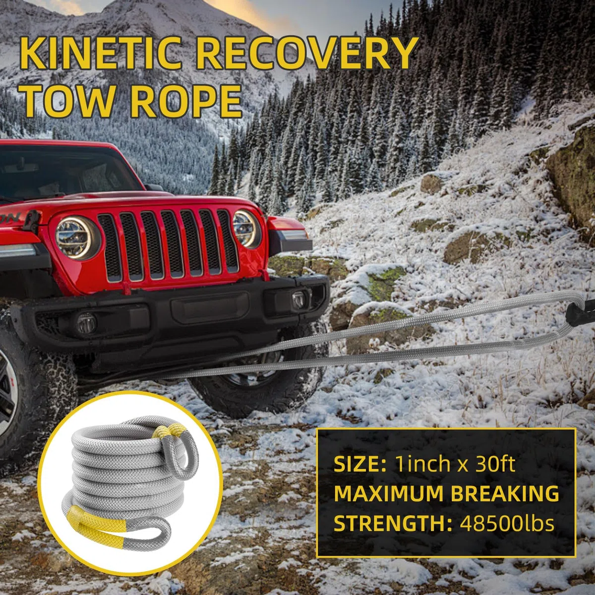 Kinetic Recovery Abschleppseil (22 kg) mit 2 weichen Schäkeln (25,4 kg), robustes Offroad-Abschleppgurt-Set für SUV, UTV, ATV, LKW, Jeep, Geländewagen, Bergung, 2,5 cm x 9,2 m