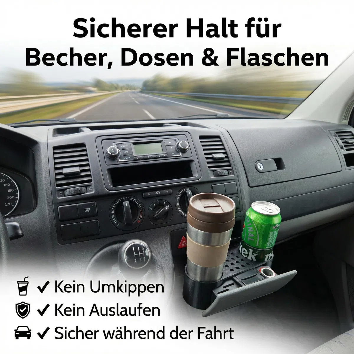 Becherhalter passend für VW T5 T5.1 Transporter für Mittelkonsole - Getränkehalter Volkswagen T5 Schwarz